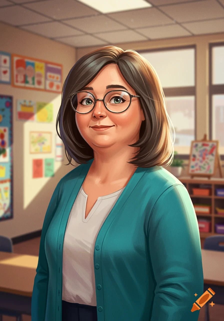 An illustration of a female teacher with glasses standing in a classroom.