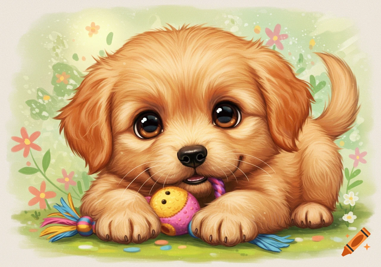 Cute illustration of a golden retriever puppy playing with a toy in a garden.
