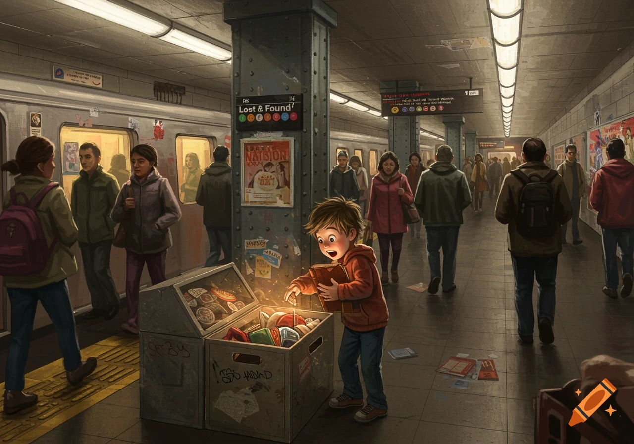 Illustration of a young boy looking into a glowing lost and found bin in a busy subway station.