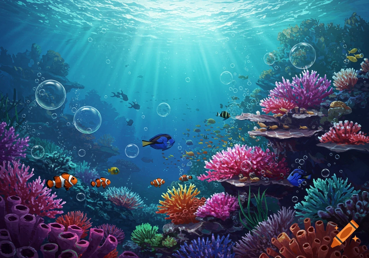 Vibrant underwater scene with colorful coral, fish, and sunbeams