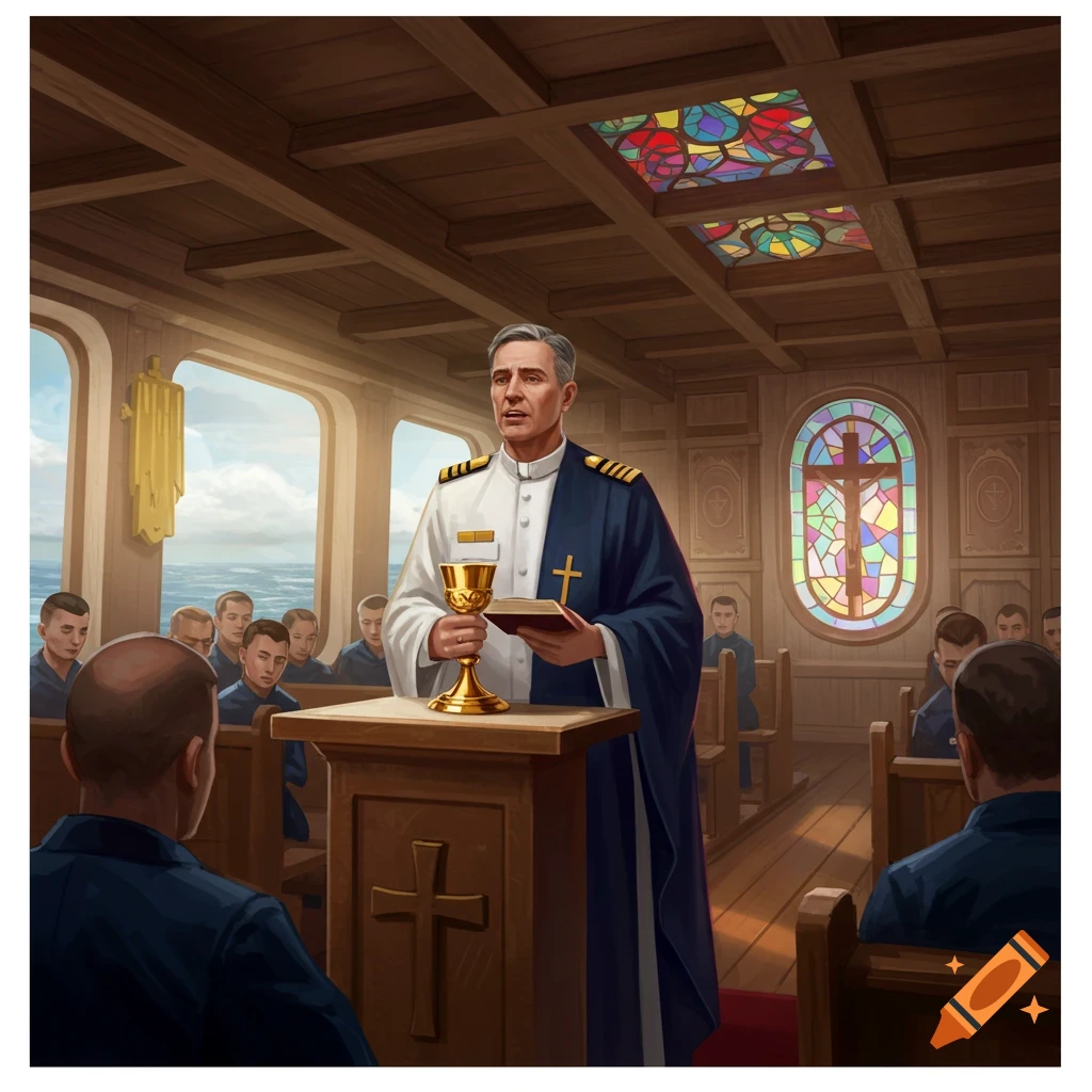 An illustration of a naval captain priest leading a mass on a ship, holding a chalice and book, with sailors attending.
