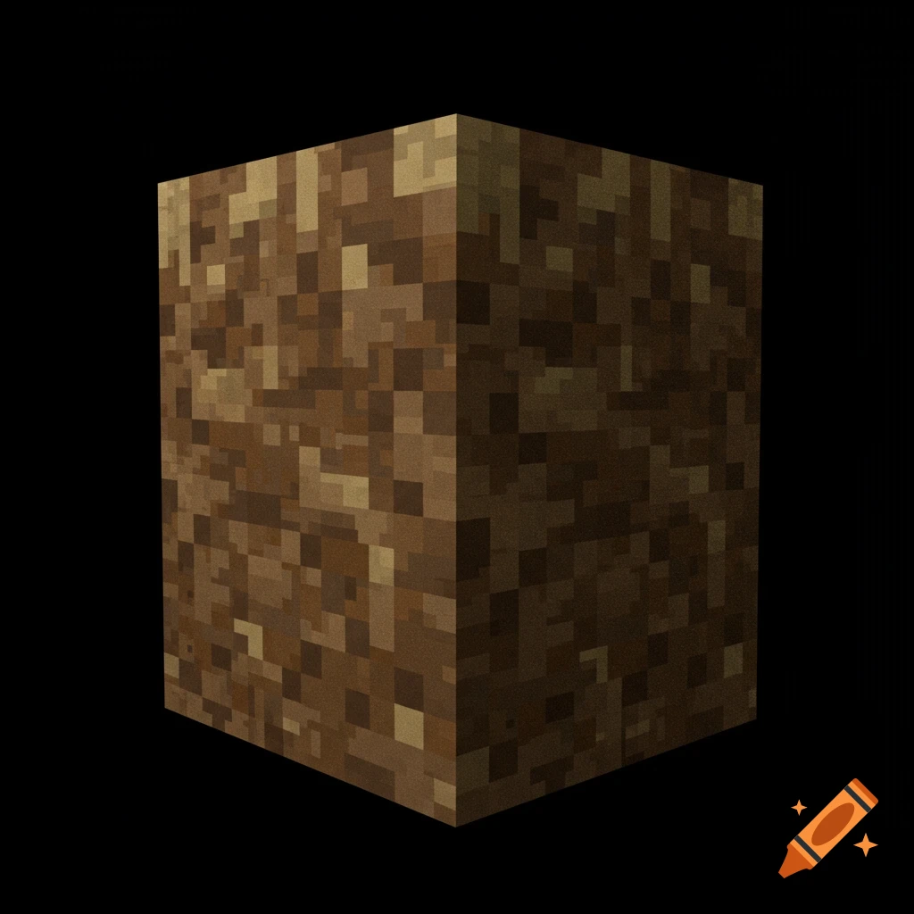 A 3D rendering of a pixelated brown block resembling Minecraft dirt.