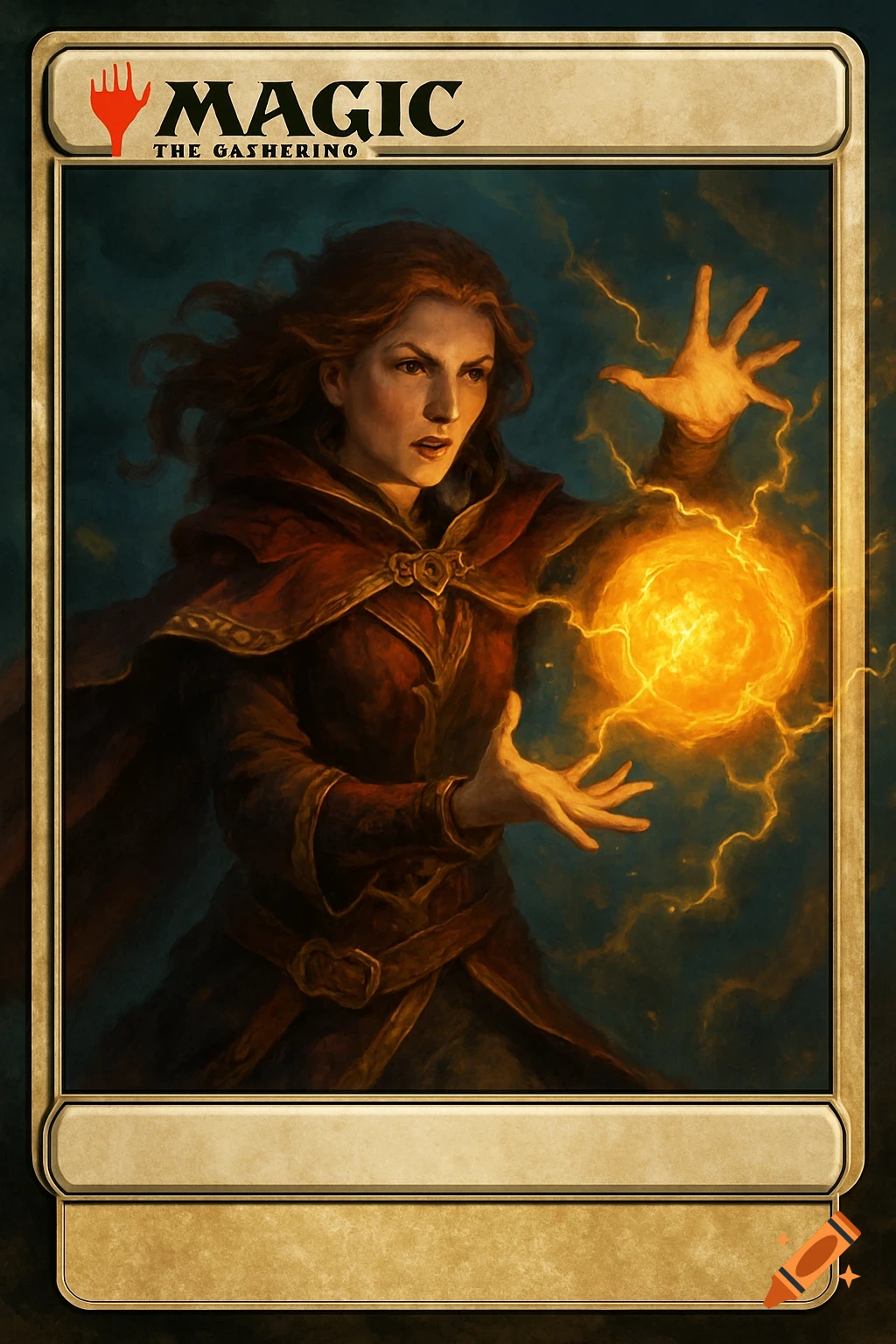 A fantasy illustration of a woman in a red robe casting a spell on a card template.