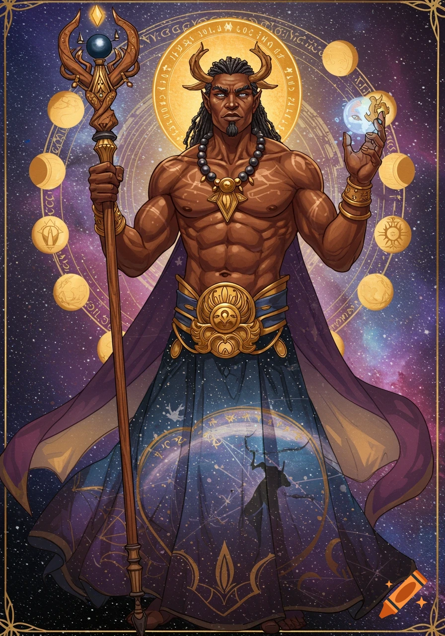 Fantasy illustration of a muscular horned figure holding a staff and glowing orb against a starry sky with moons and constellations.