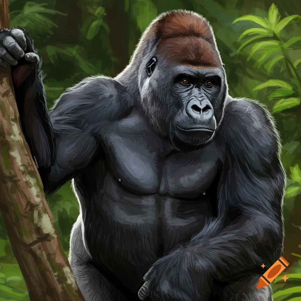 A muscular gorilla sits in a jungle setting.