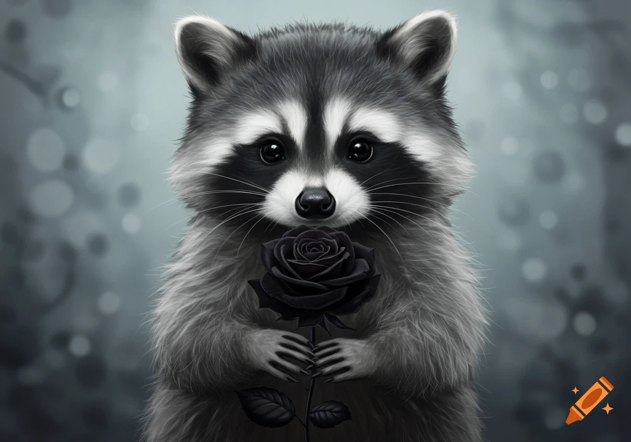 An illustration of a cute raccoon holding a black rose.