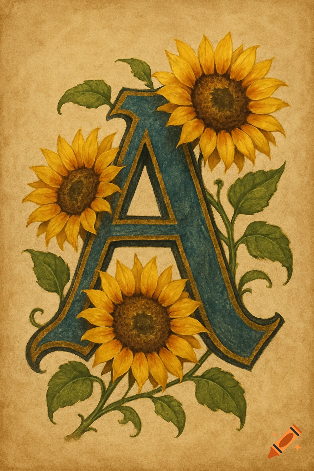 Decorated letter A with sunflowers in medieval art style.