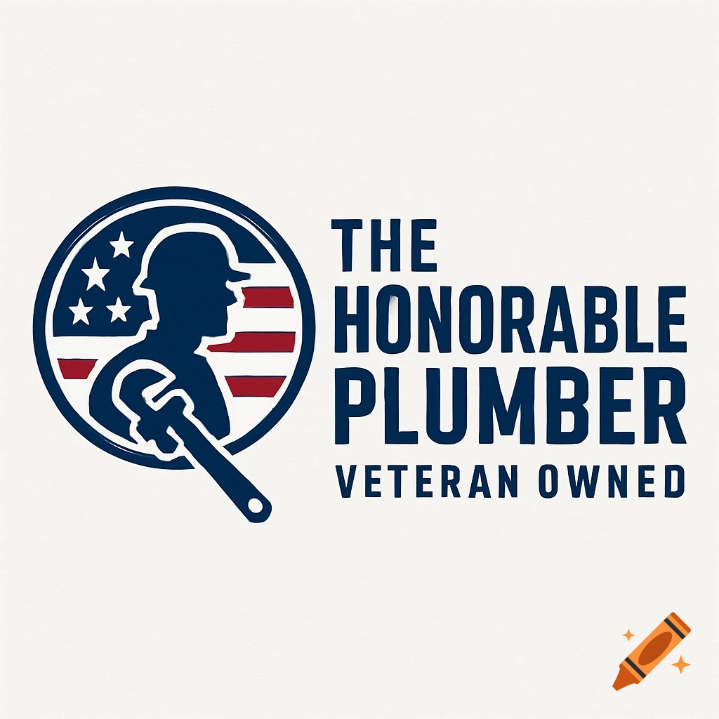 Logo for The Honorable Plumber, a veteran owned plumbing company, featuring a plumber silhouette, American flag, and wrench.