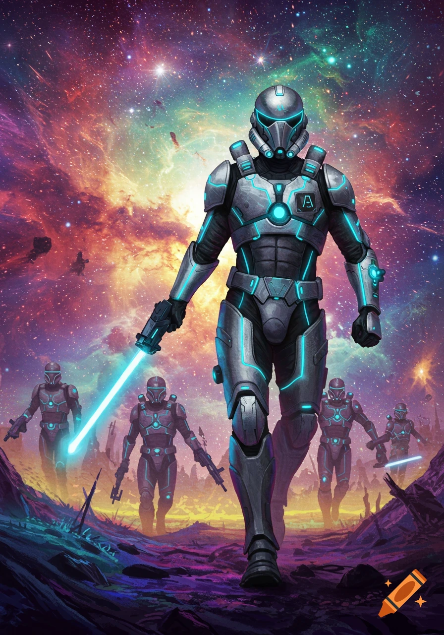 Futuristic soldiers in armor on an alien planet under a vibrant galaxy