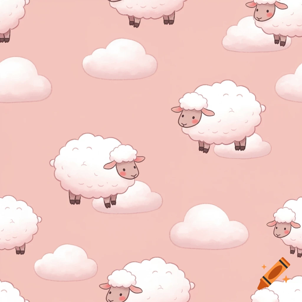 Seamless pattern of cute cartoon sheep with rosy cheeks floating on clouds against a light pink background.