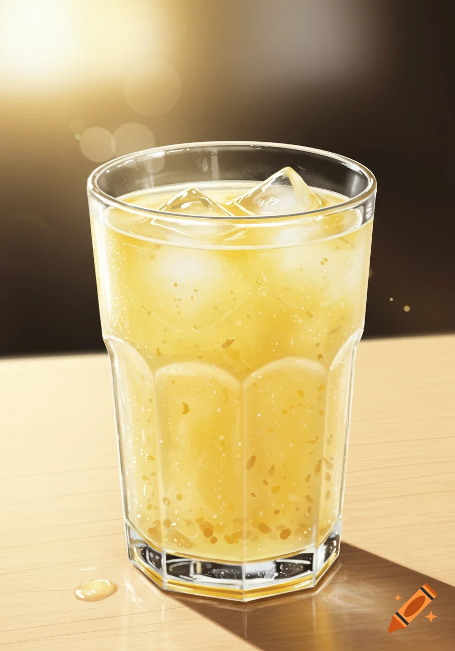 A glass of lemonade with ice and bubbles on a wooden table.