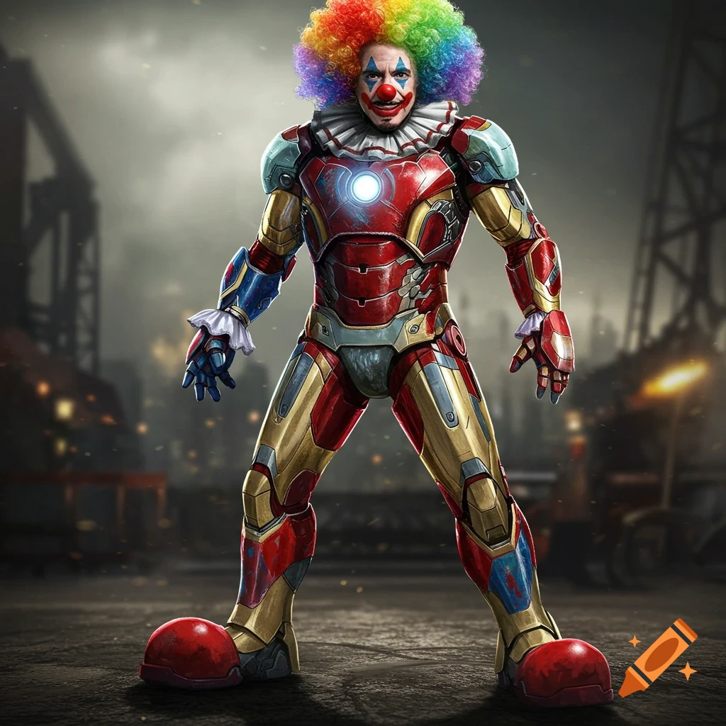 Iron Man dressed as a clown with a rainbow wig and big red shoes