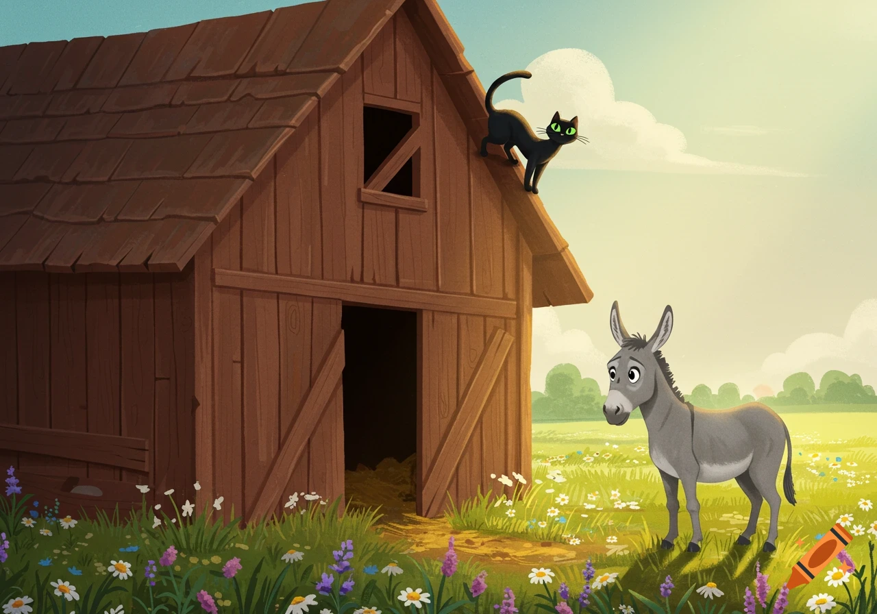Illustrated scene of a black cat on a barn roof watching a donkey in a field of flowers.