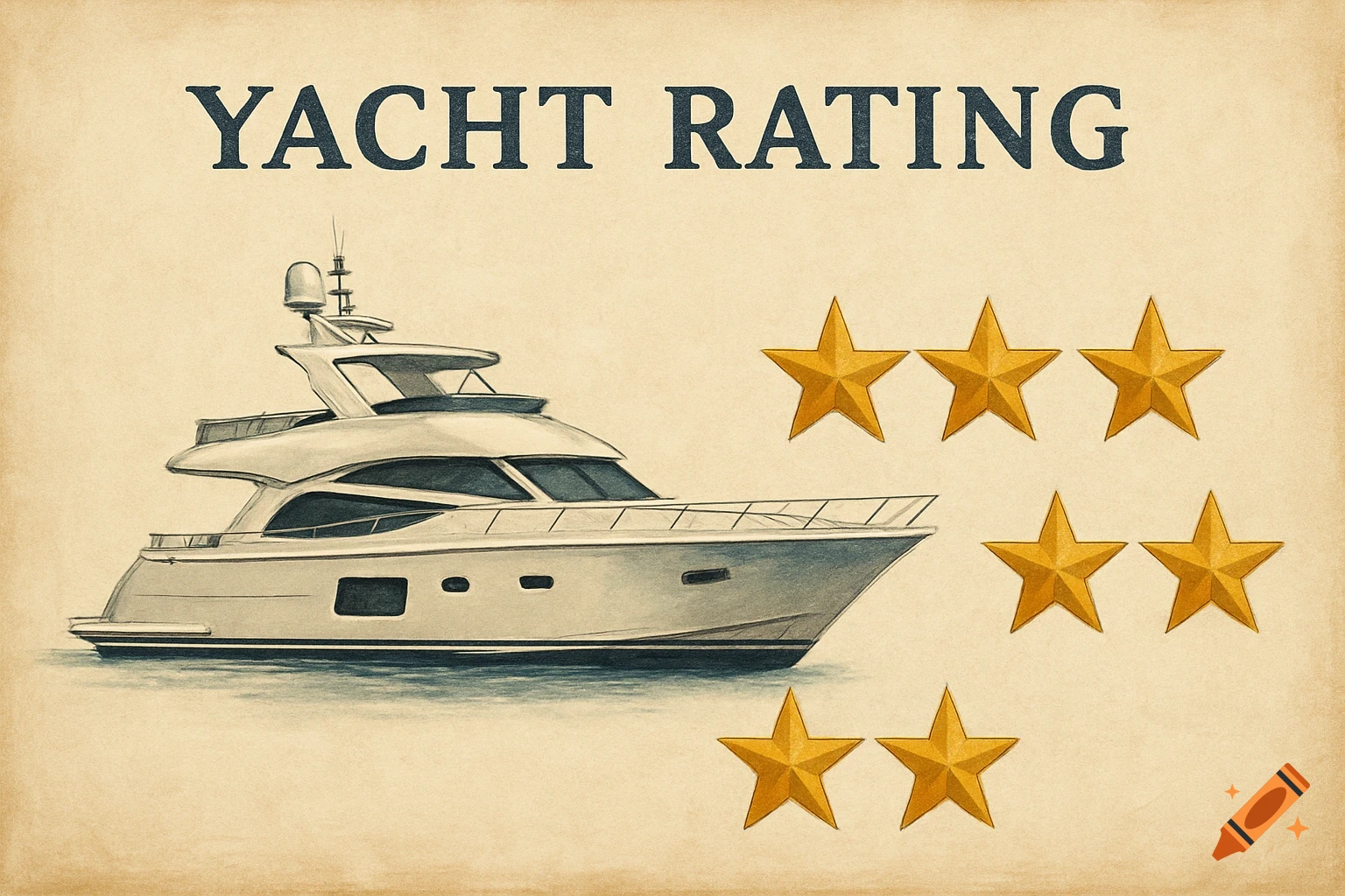 Illustration of a yacht with six golden stars and the text 'YACHT RATING' on a textured background.