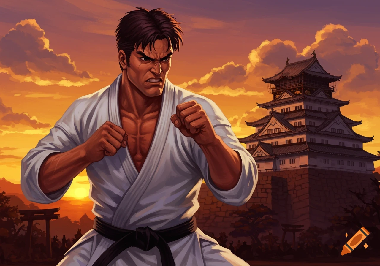 Illustrative image of a fierce karate fighter in a gi with a Japanese castle and sunset in the background.