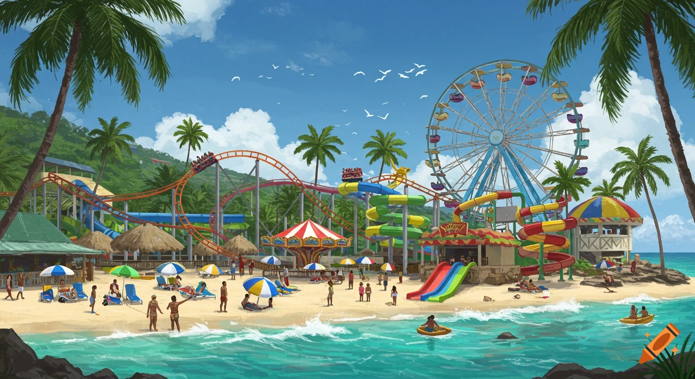 Illustration of a tropical beach amusement park with a roller coaster, ferris wheel, water slides, palm trees, and people on the sand.