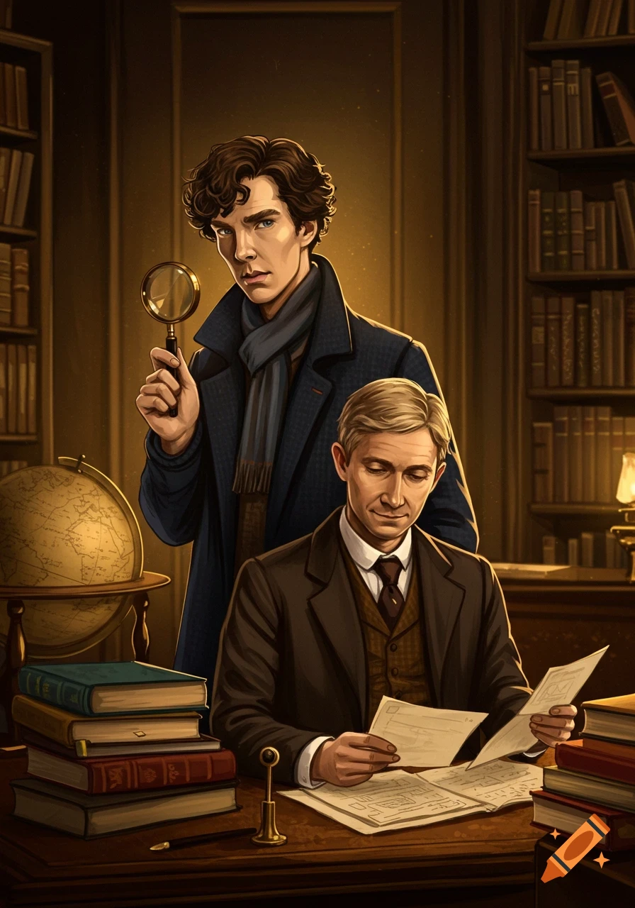 Digital illustration of Sherlock Holmes standing behind John Watson, who sits at a desk reading documents in a library.
