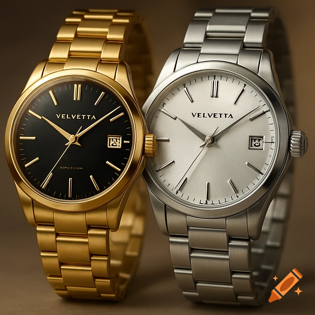 Two watches, one gold with black face, one silver with silver face, side by side.