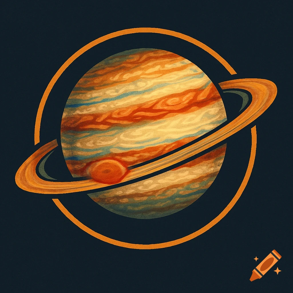 Stylized illustration of the planet Jupiter with its rings and an orange circle outline.