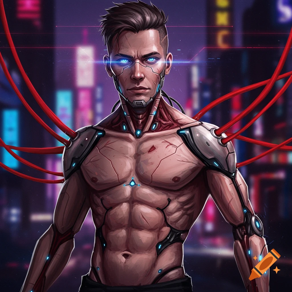 Anime illustration of a male cyborg with red wires and glowing blue eyes against a cyberpunk city background.