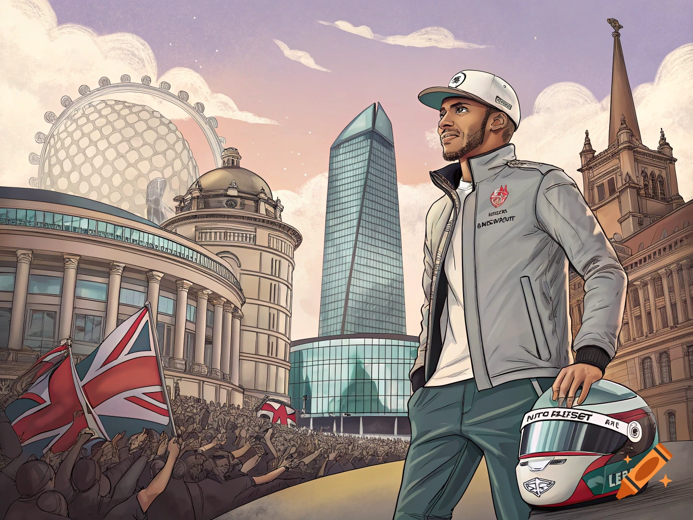 Stylized illustration of Lewis Hamilton in a city with crowds and buildings, holding a racing helmet.