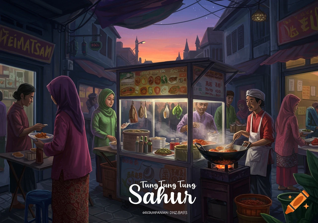 Illustrated street food stall scene with vendors and customers at dusk in Southeast Asia.