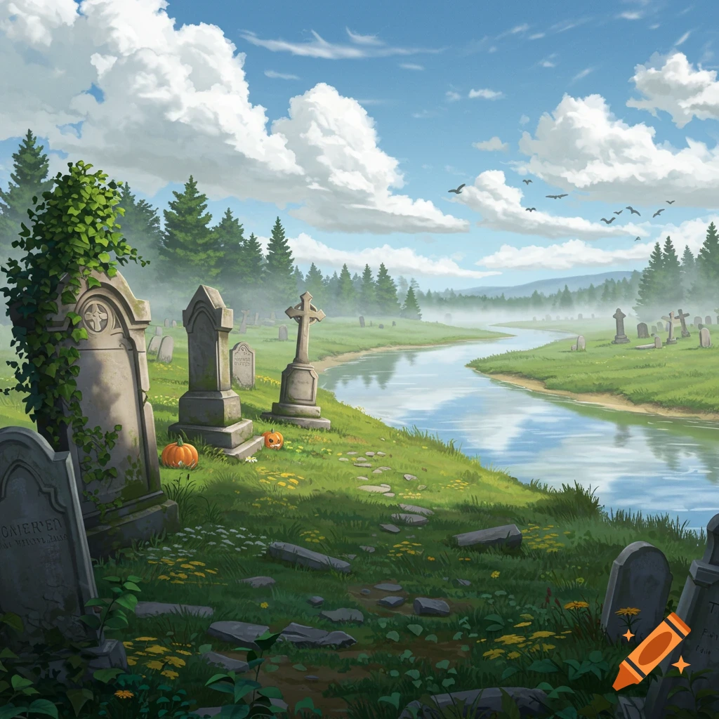 A serene illustration of a river flowing past an old cemetery on a sunny day with fluffy clouds. Gravestones line the grassy bank.