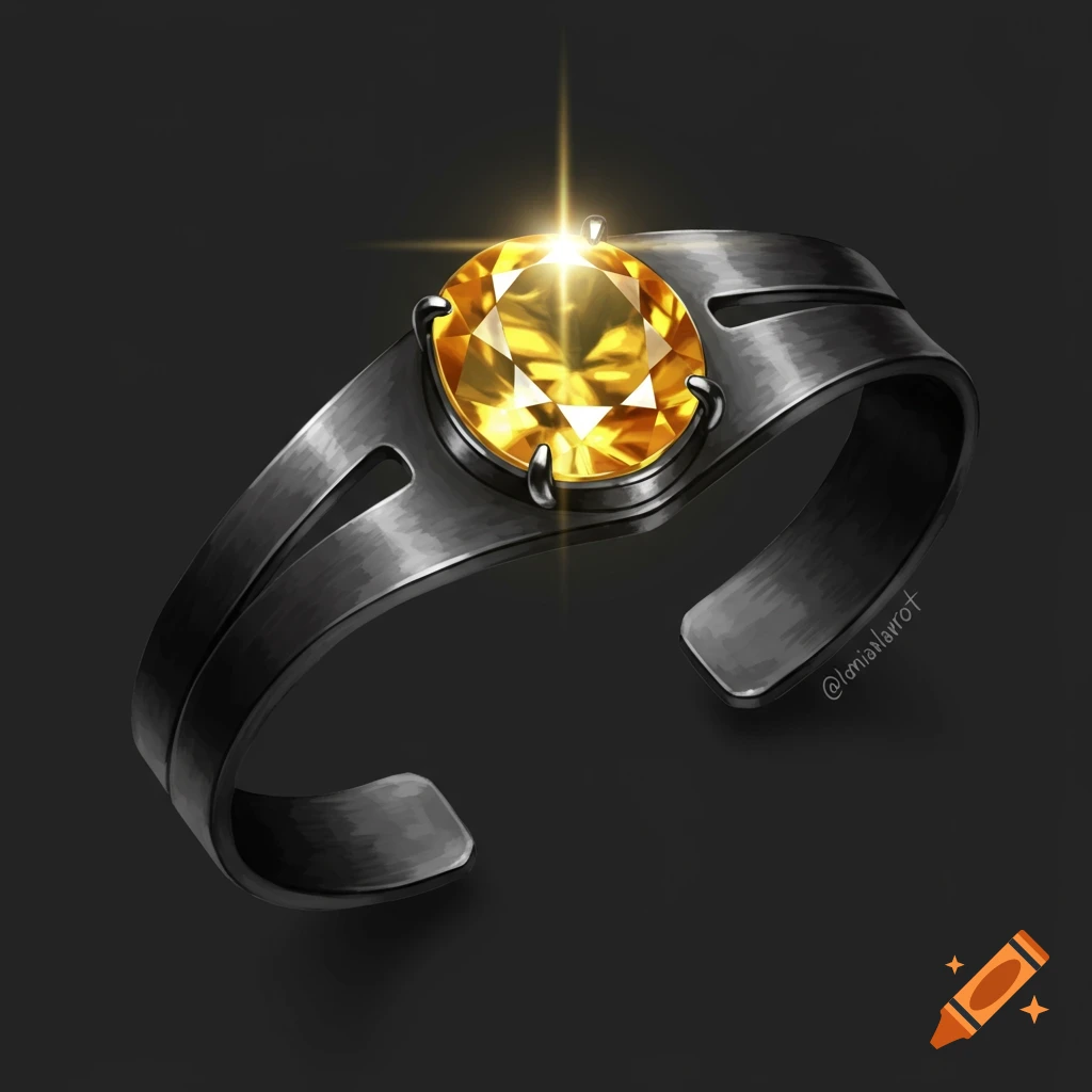 A sleek black metal cuff bracelet with a large yellow gemstone, digitally painted.