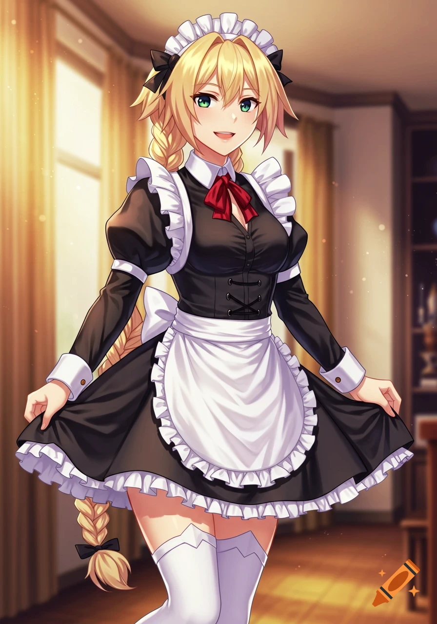 Anime character with blonde hair in a maid dress smiling indoors.