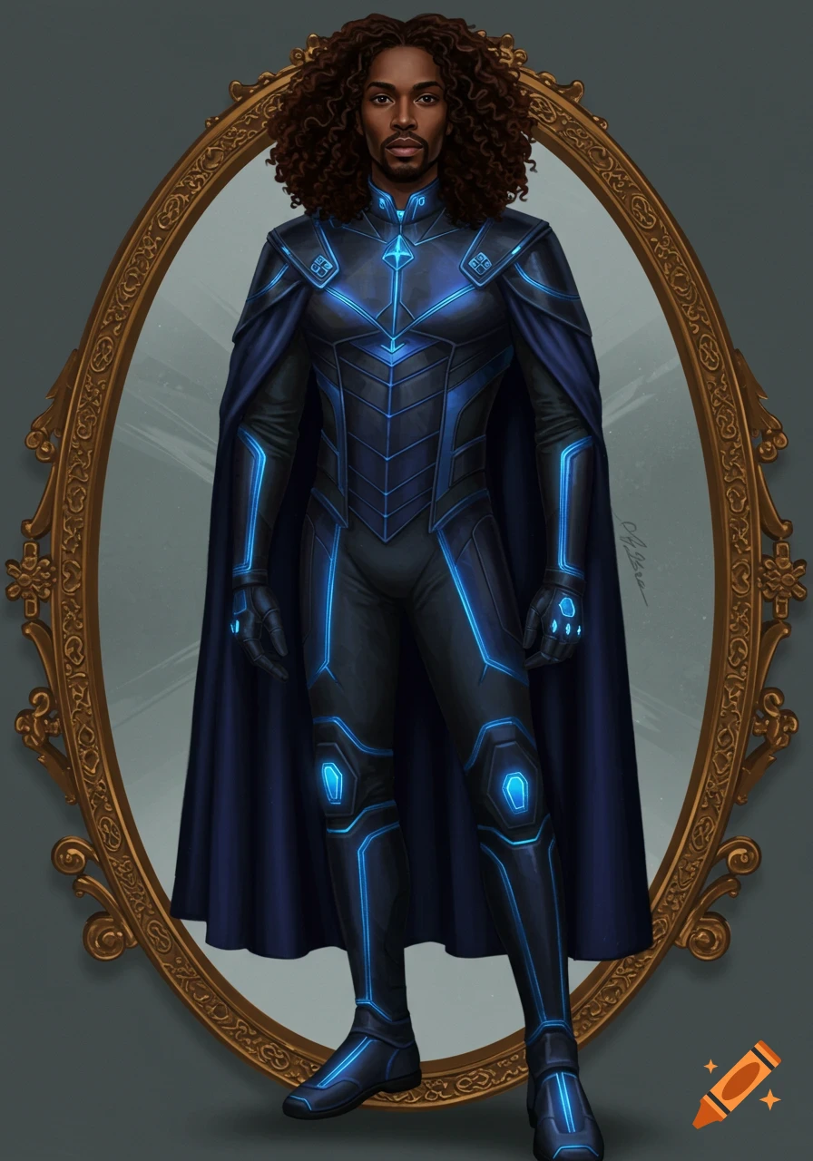Male character in futuristic blue and black nanotech suit and cape standing before a mirror.