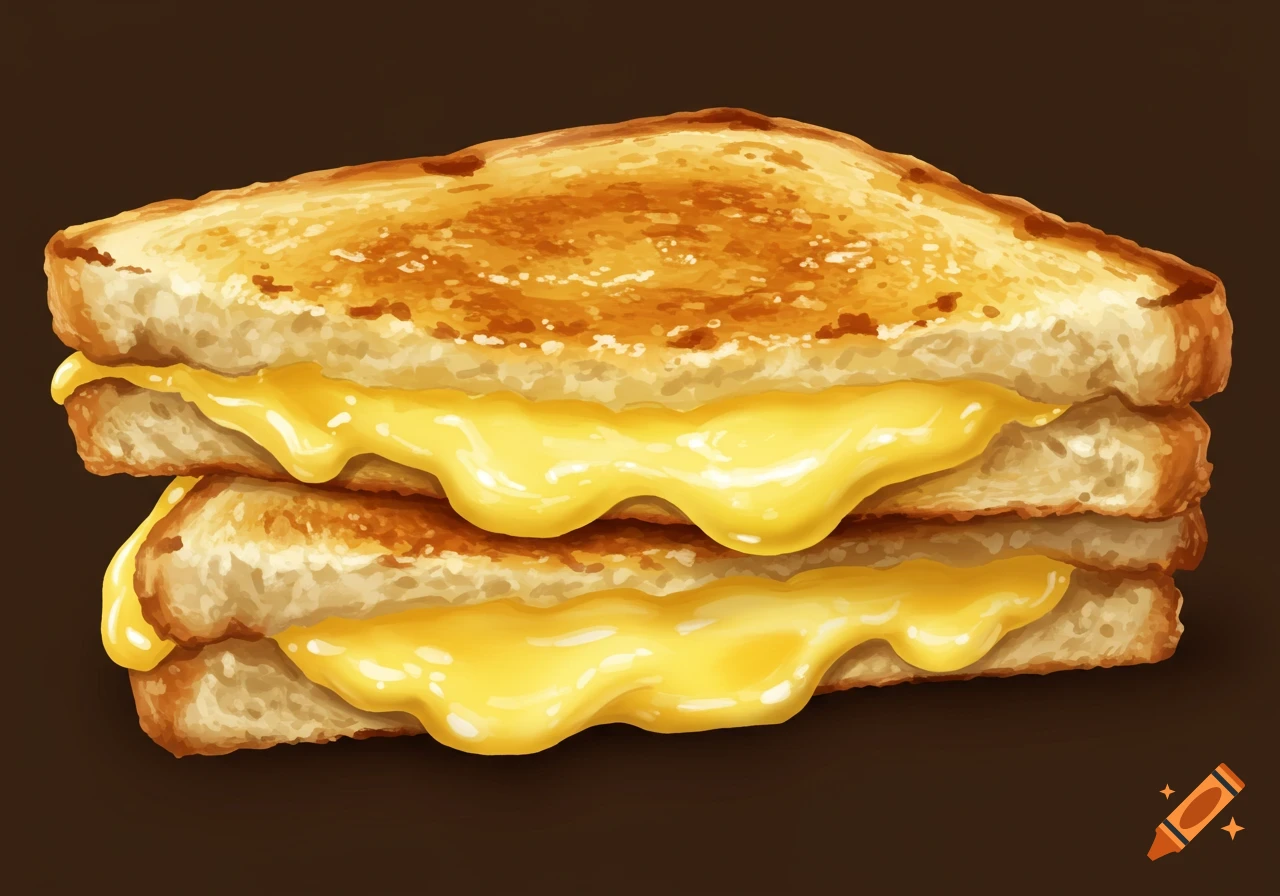 A stack of two grilled cheese sandwich halves with melted cheese dripping.
