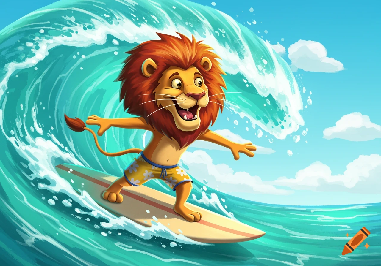 A happy cartoon lion surfs on a large wave.