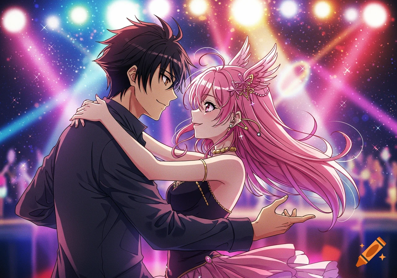 Anime couple dancing at a nightclub in manga style.