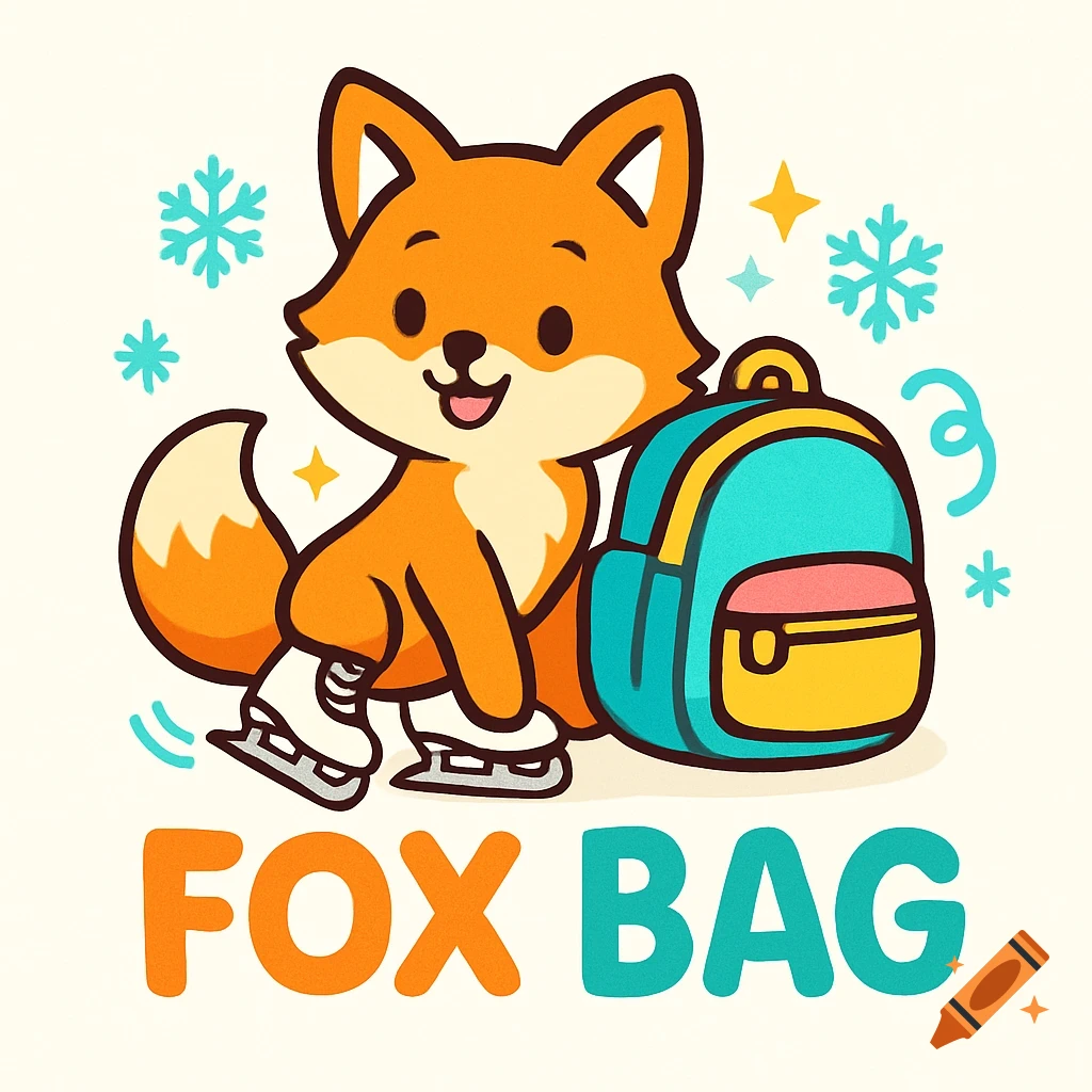 A cute cartoon fox wearing ice skates sits next to a backpack. The words FOX BAG are below. Features snowflakes and stars.