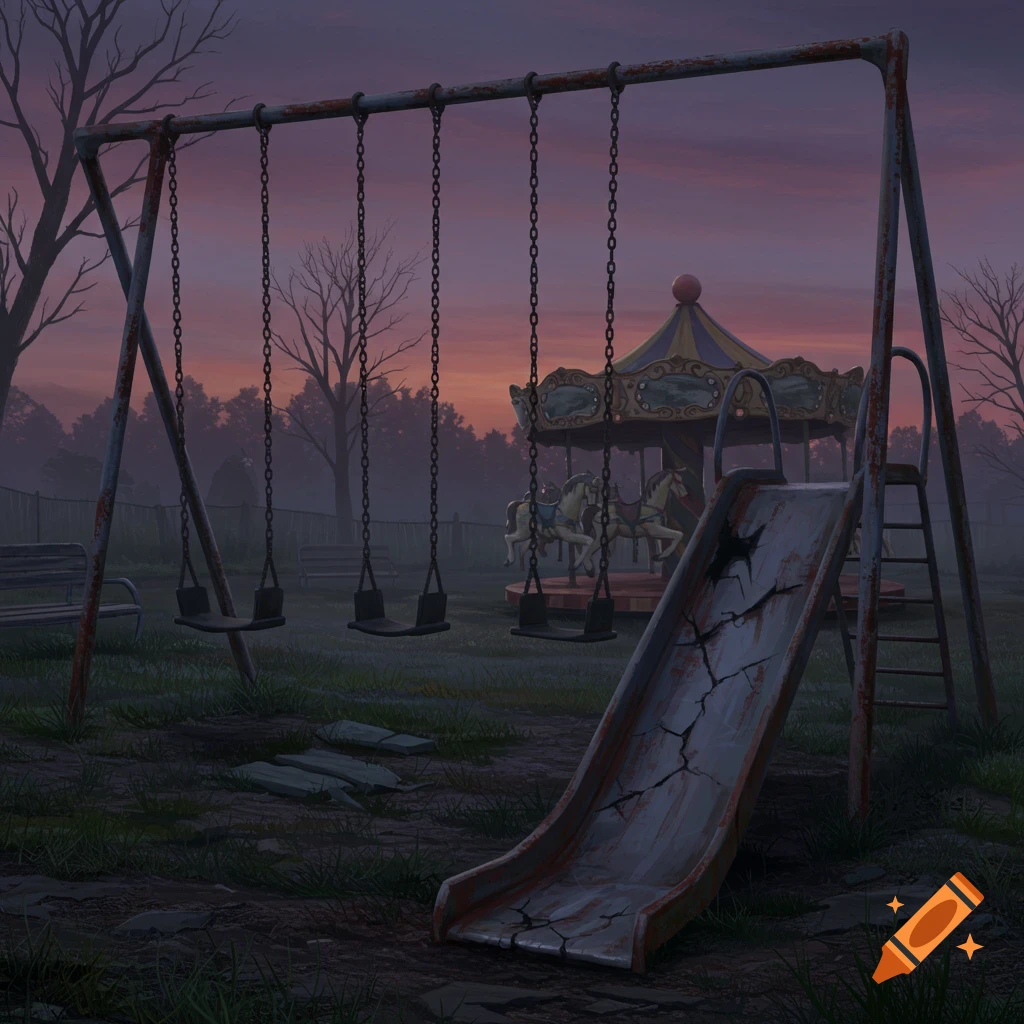 Abandoned, rusty playground at dusk with swings, slide, and merry-go-round in a spooky atmosphere.