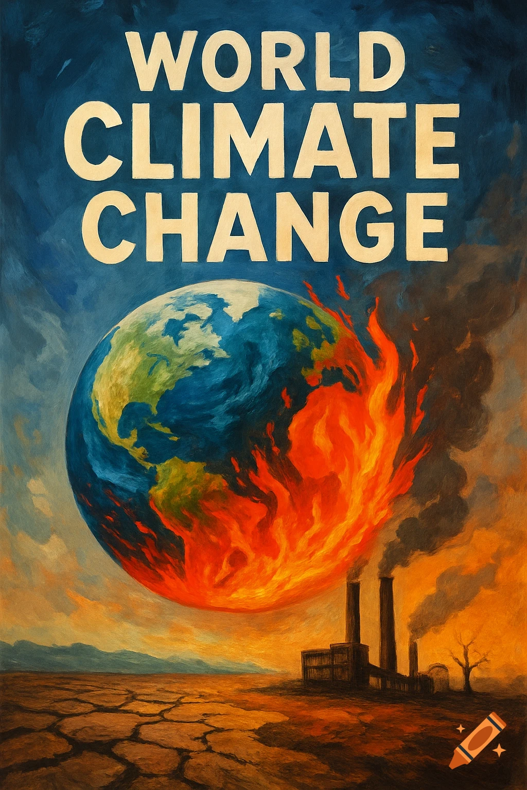 Painting of a burning Earth with smokestacks and cracked land, text reads 'WORLD CLIMATE CHANGE'.