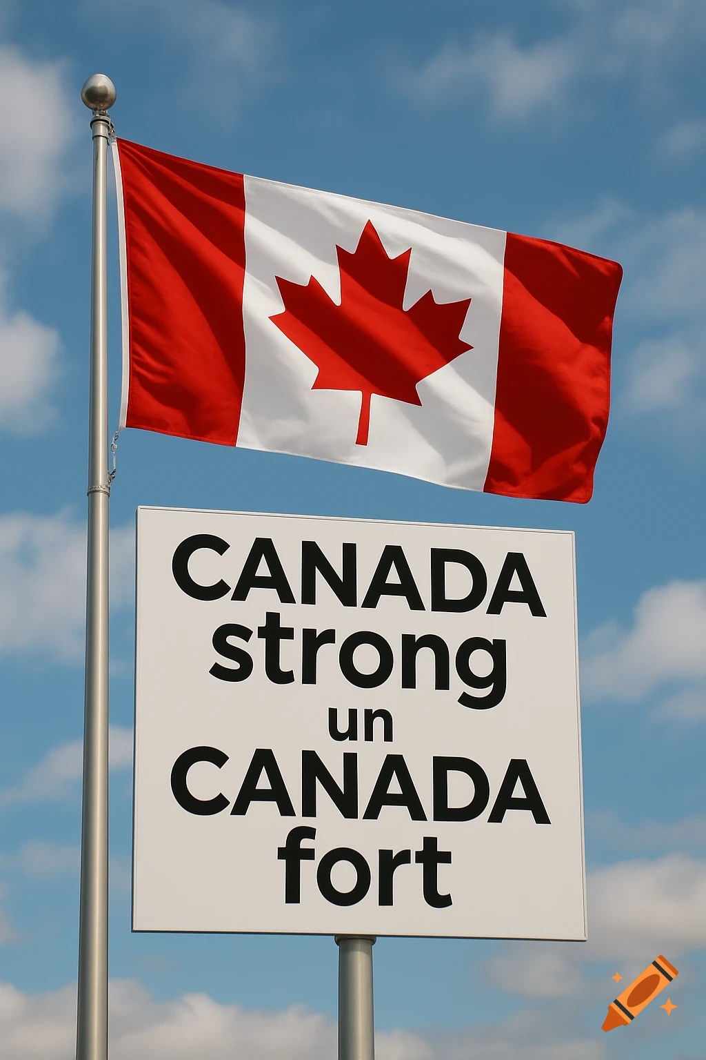 Canadian flag flying above a sign that says 'Canada strong / un Canada fort' against a blue sky.