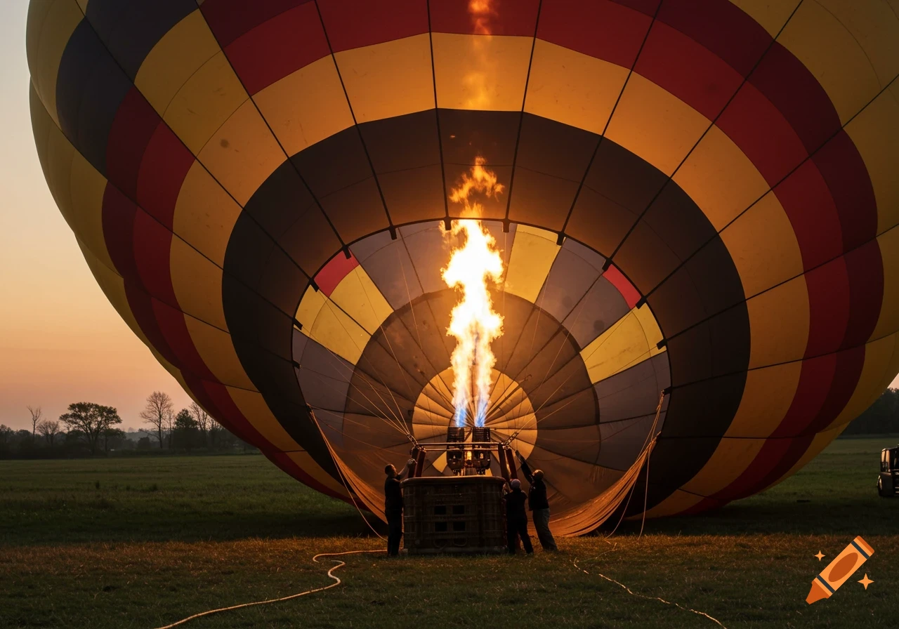 Hot air balloon being inflated by torch at sunset in a field.