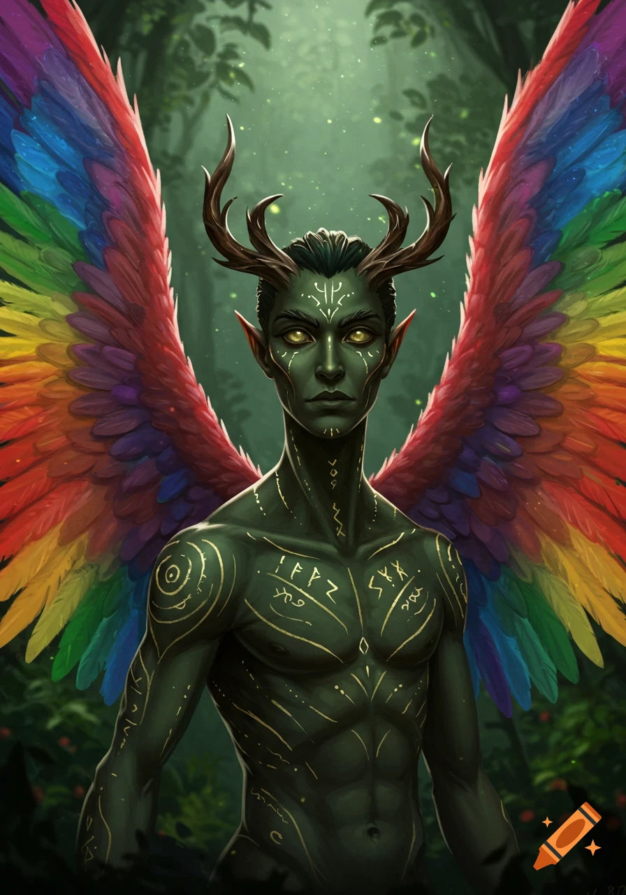 Dark green-skinned fantasy creature with antlers and rainbow wings in a forest.