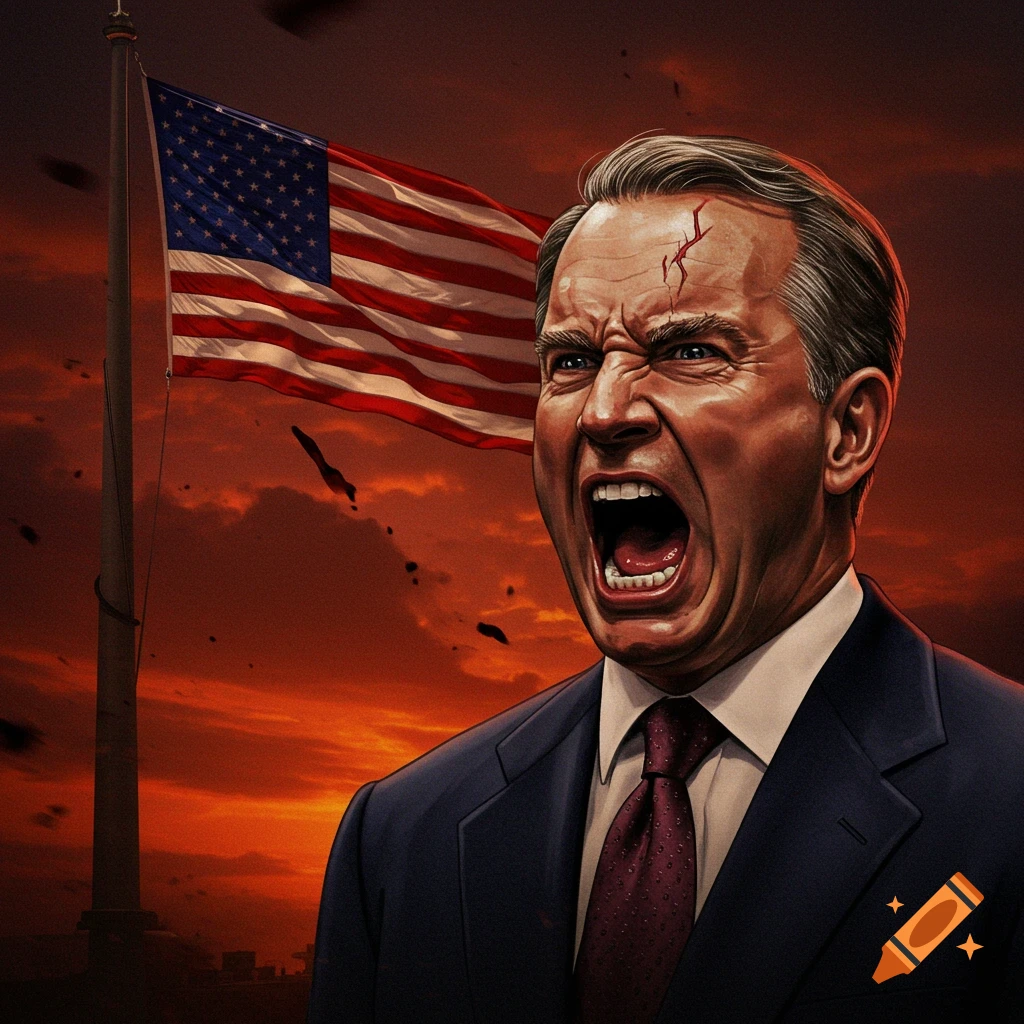 Stylized illustration of a man screaming in front of an American flag against a dramatic sky.