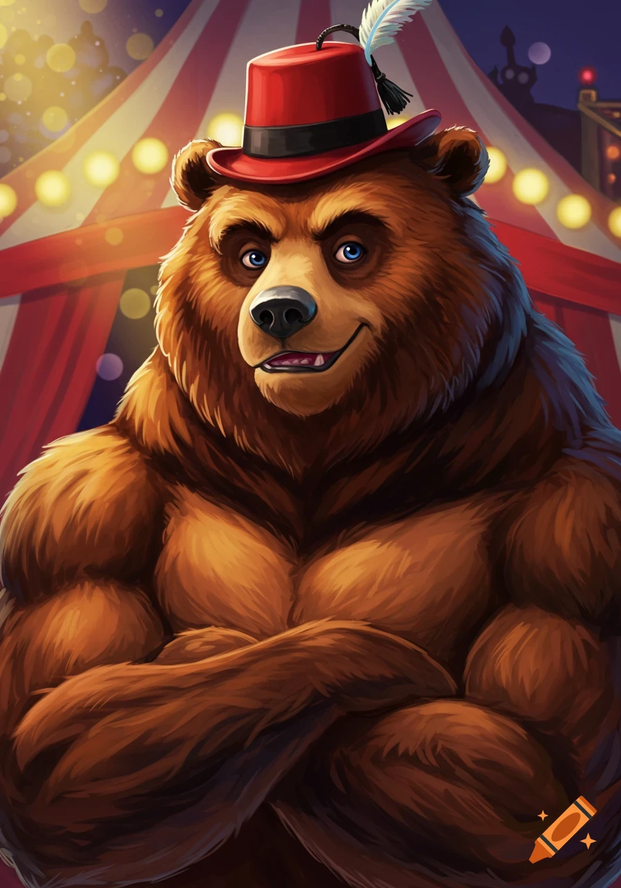 A muscular cartoon bear wearing a red top hat with a feather, standing with arms crossed in front of a circus tent.