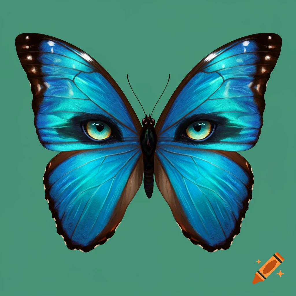 A close-up of a blue Morpho butterfly with human eyes on its wings against a teal background.