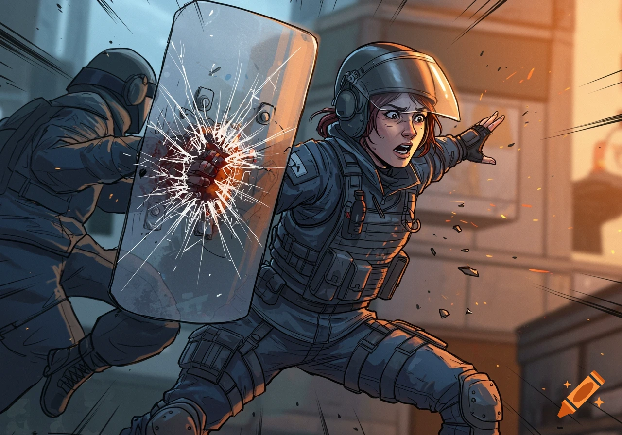 Two figures in tactical gear; one with a shattered shield and blood splatter is hit, while another figure is behind. Illustration.