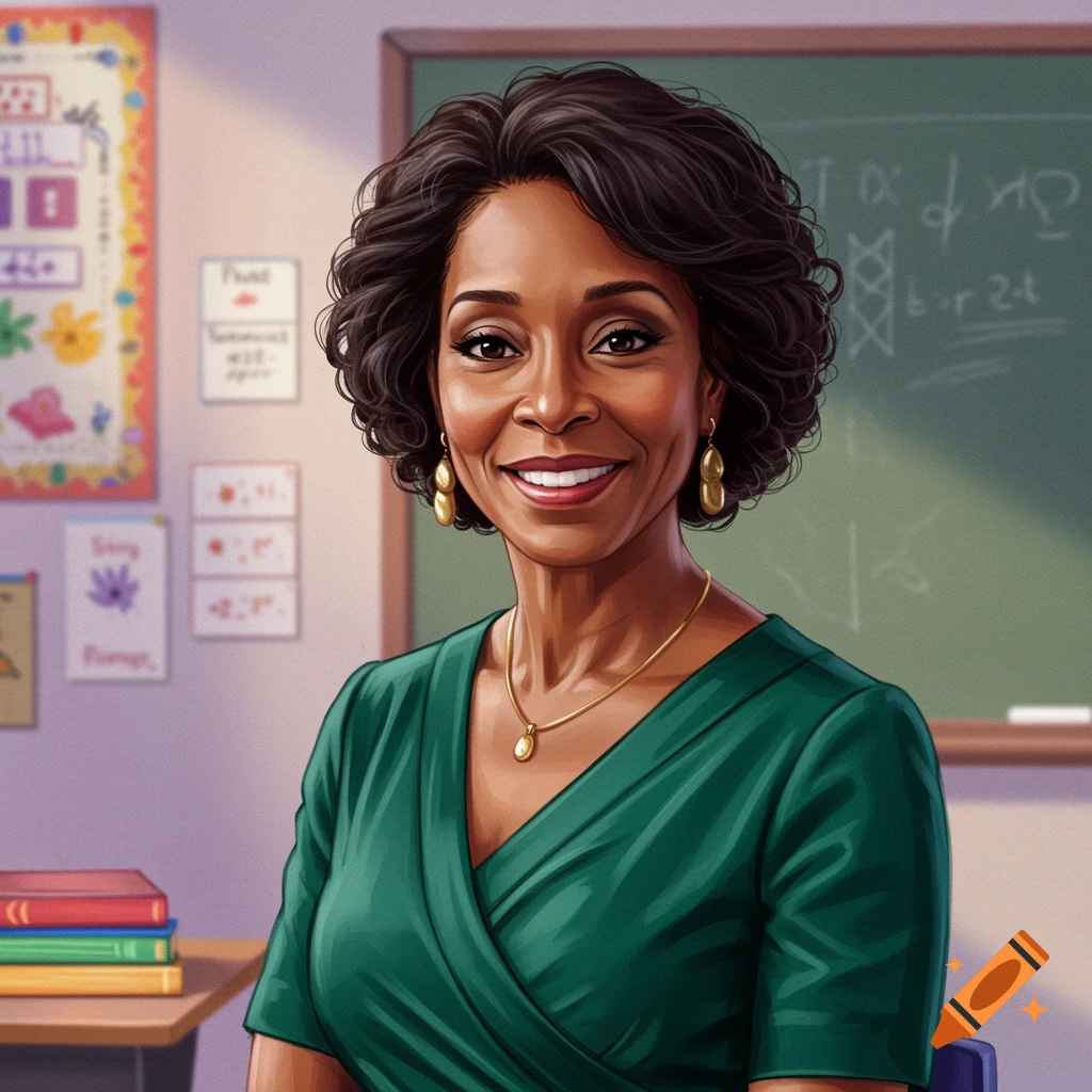 Smiling Black woman teacher in a classroom illustration