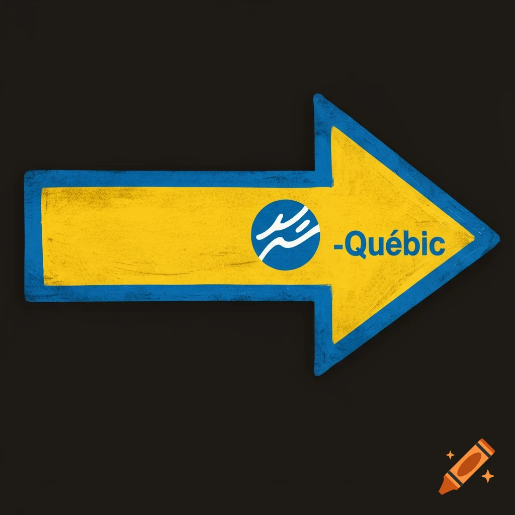Yellow and blue arrow pointing left with a logo and the text -Québec.