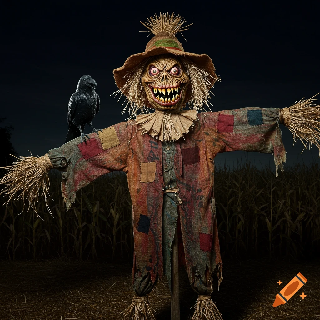 A horrifying scarecrow with sharp teeth grins with a crow on its shoulder in a cornfield at night.