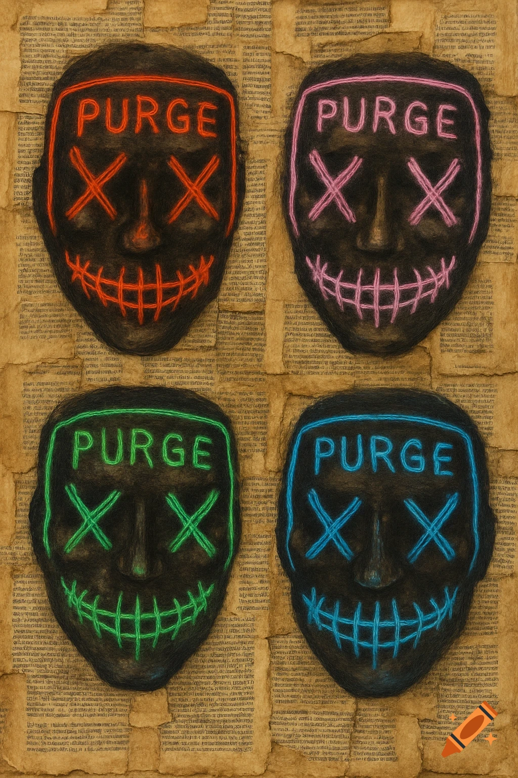 Four glowing Purge masks on a textured background resembling old book pages.