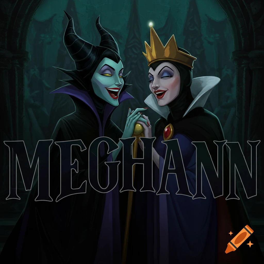 Illustration of Maleficent and the Evil Queen laughing with the name Meghann overlaid.