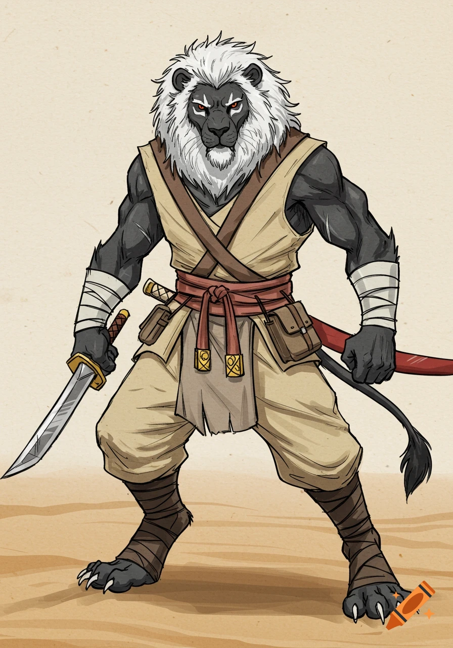 An anthropomorphic lion warrior in desert clothing holding a sword.