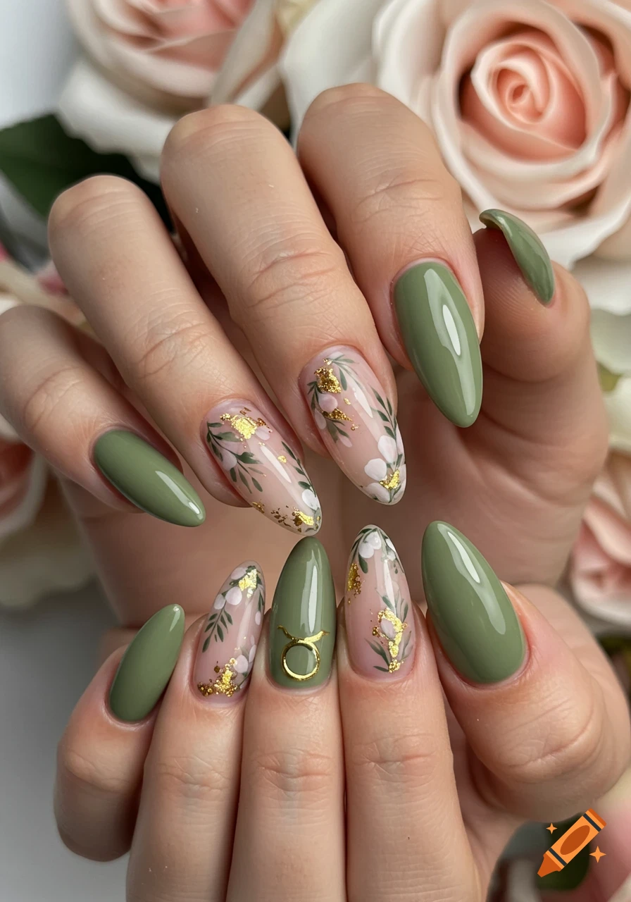 Close-up of almond-shaped nails with olive green polish and blush pink nails with floral art, gold foil, and a Taurus symbol against a blurred rose background.